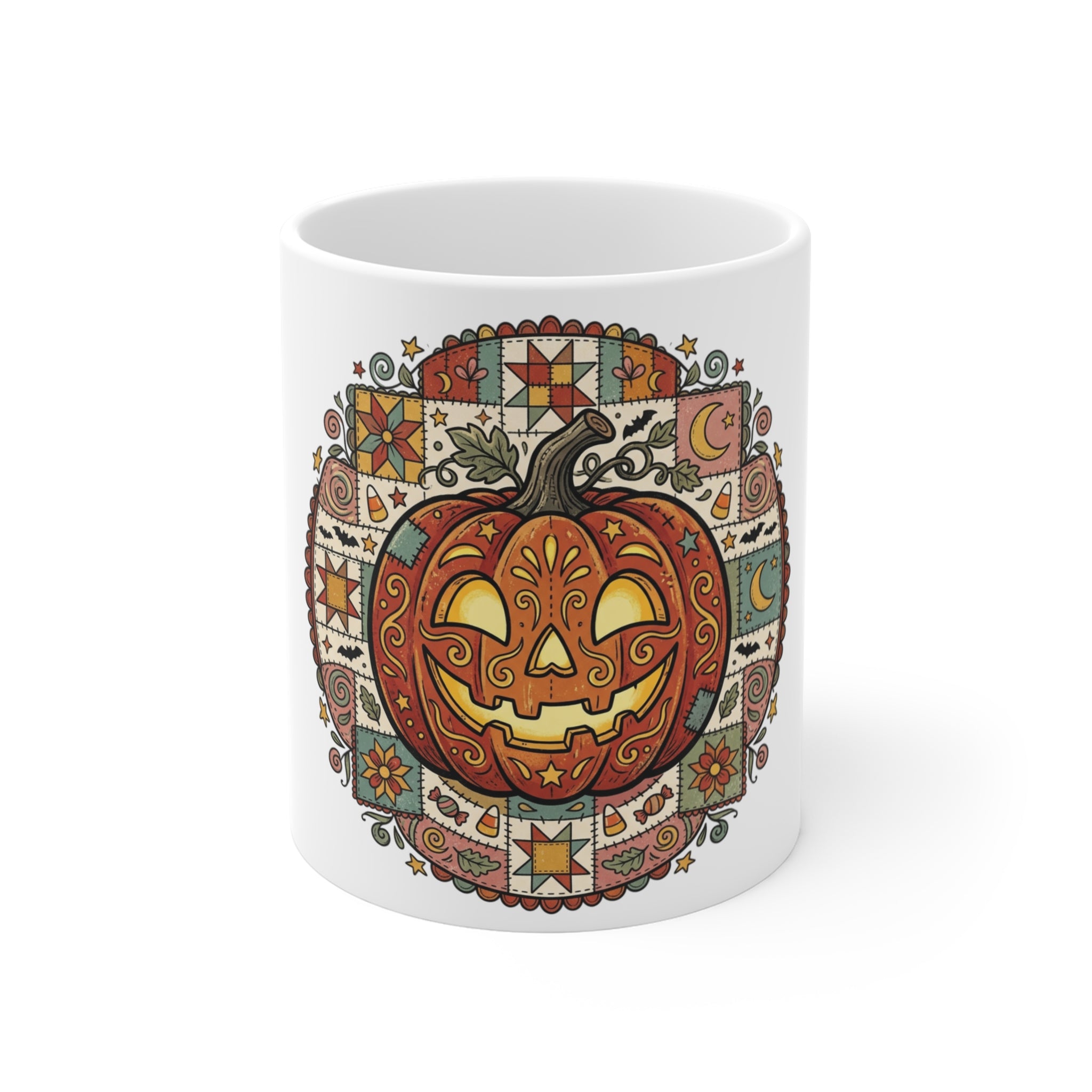 Halloween Pumpkin Mandala Mug — Jack-O’-Lantern Ceramic Coffee Cup (11 oz)