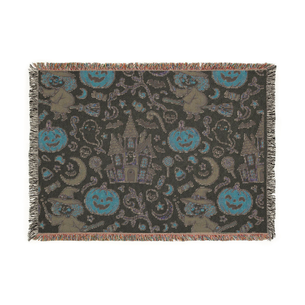 Halloween Woven Throw Blanket — Haunted Castle, Jack-o'-Lantern & Witch Pattern