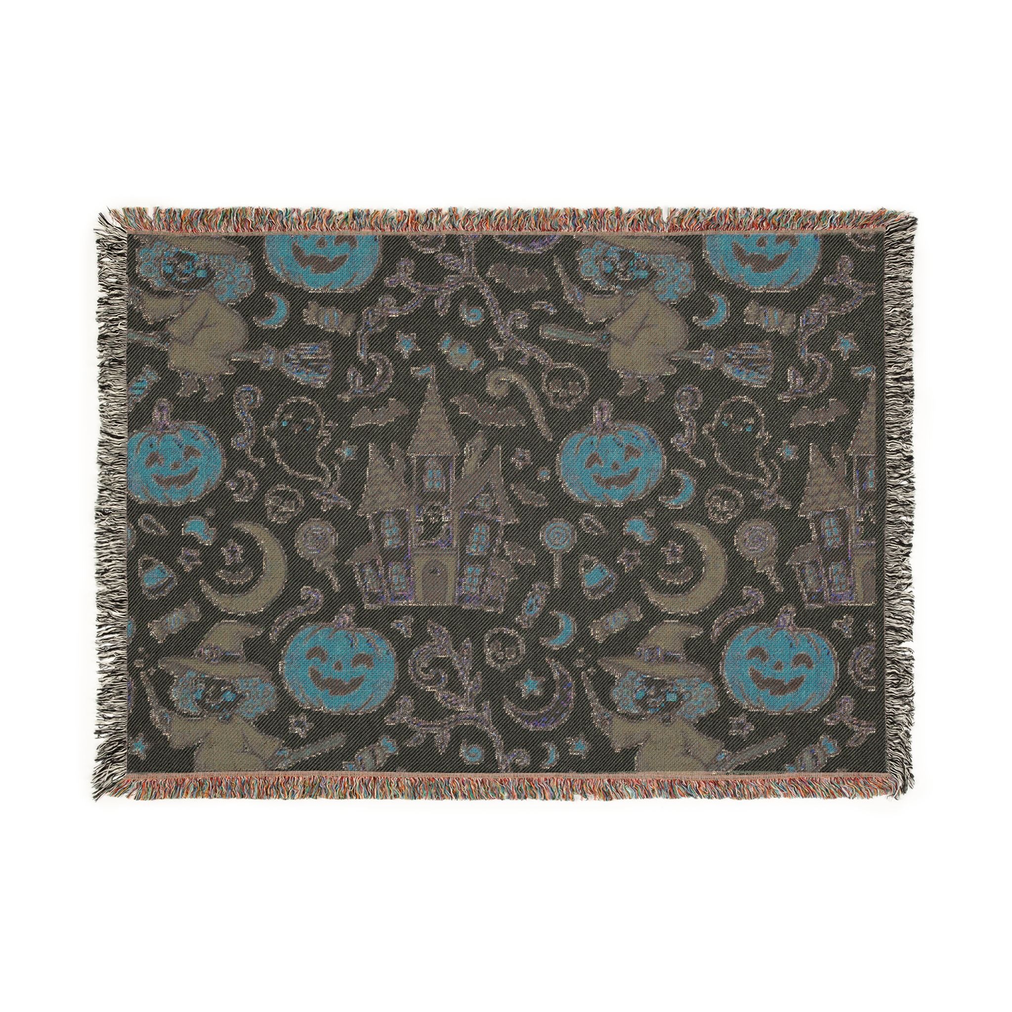 Halloween Woven Throw Blanket — Haunted Castle, Jack-o'-Lantern & Witch Pattern