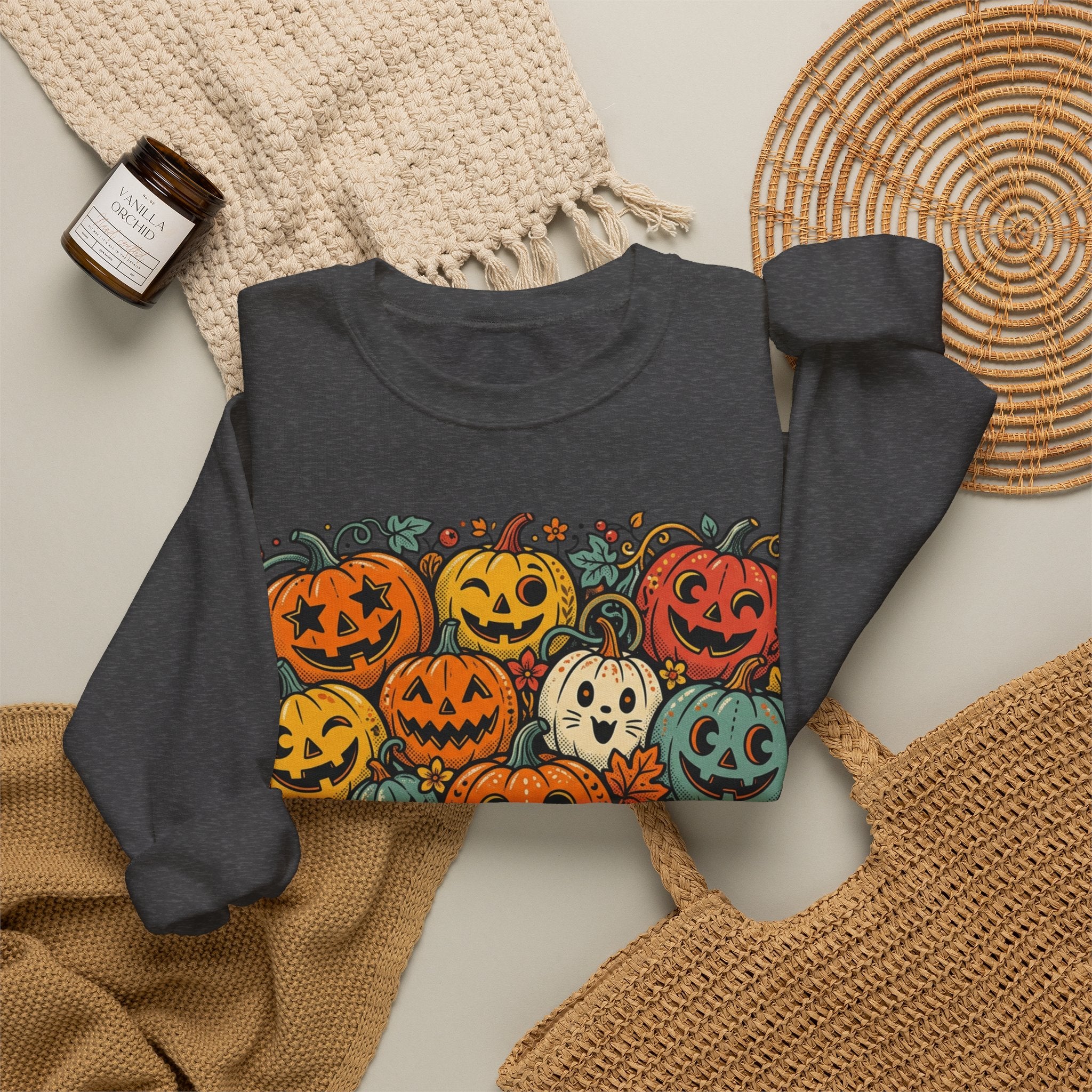 Halloween Pumpkins Crewneck Sweatshirt — Vintage Jack-o'-Lantern Spooky Design
