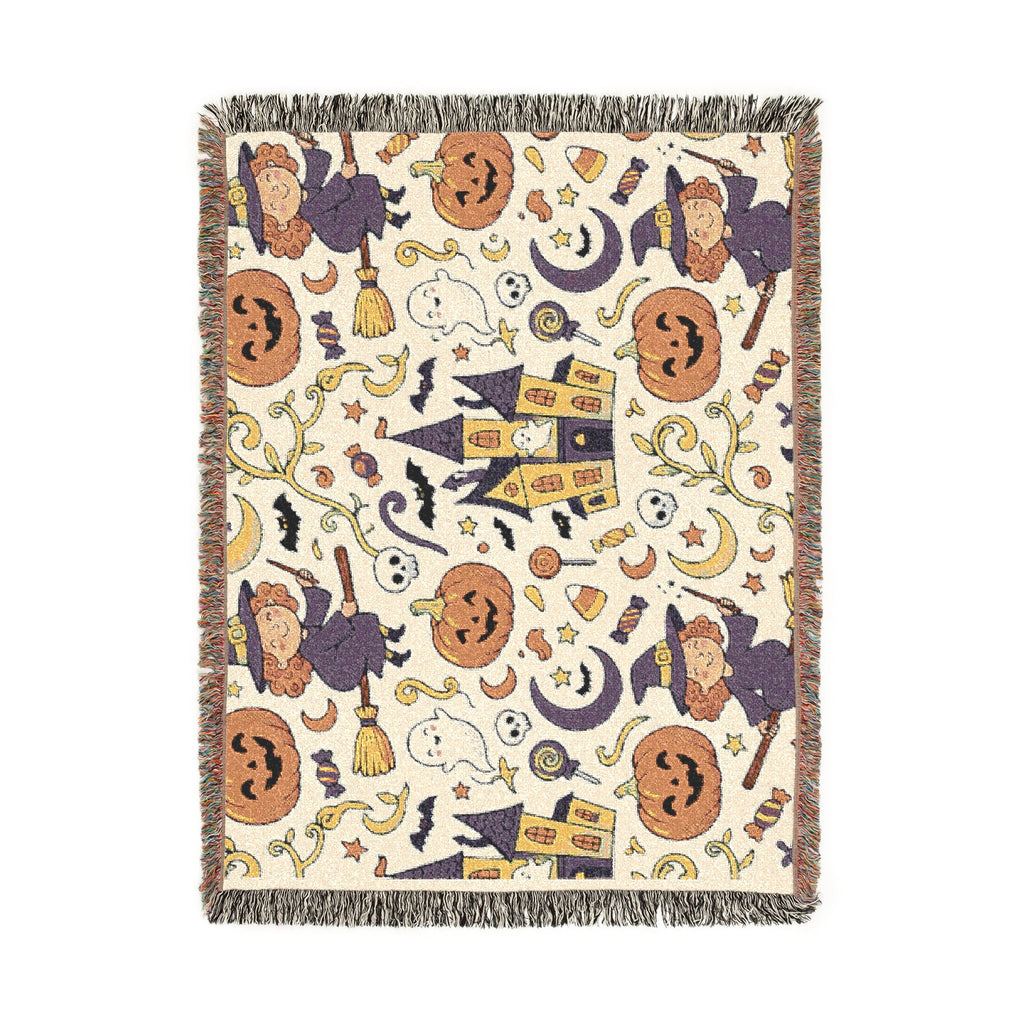 Halloween Woven Throw Blanket — Haunted Castle, Jack-o'-Lantern & Witch Pattern