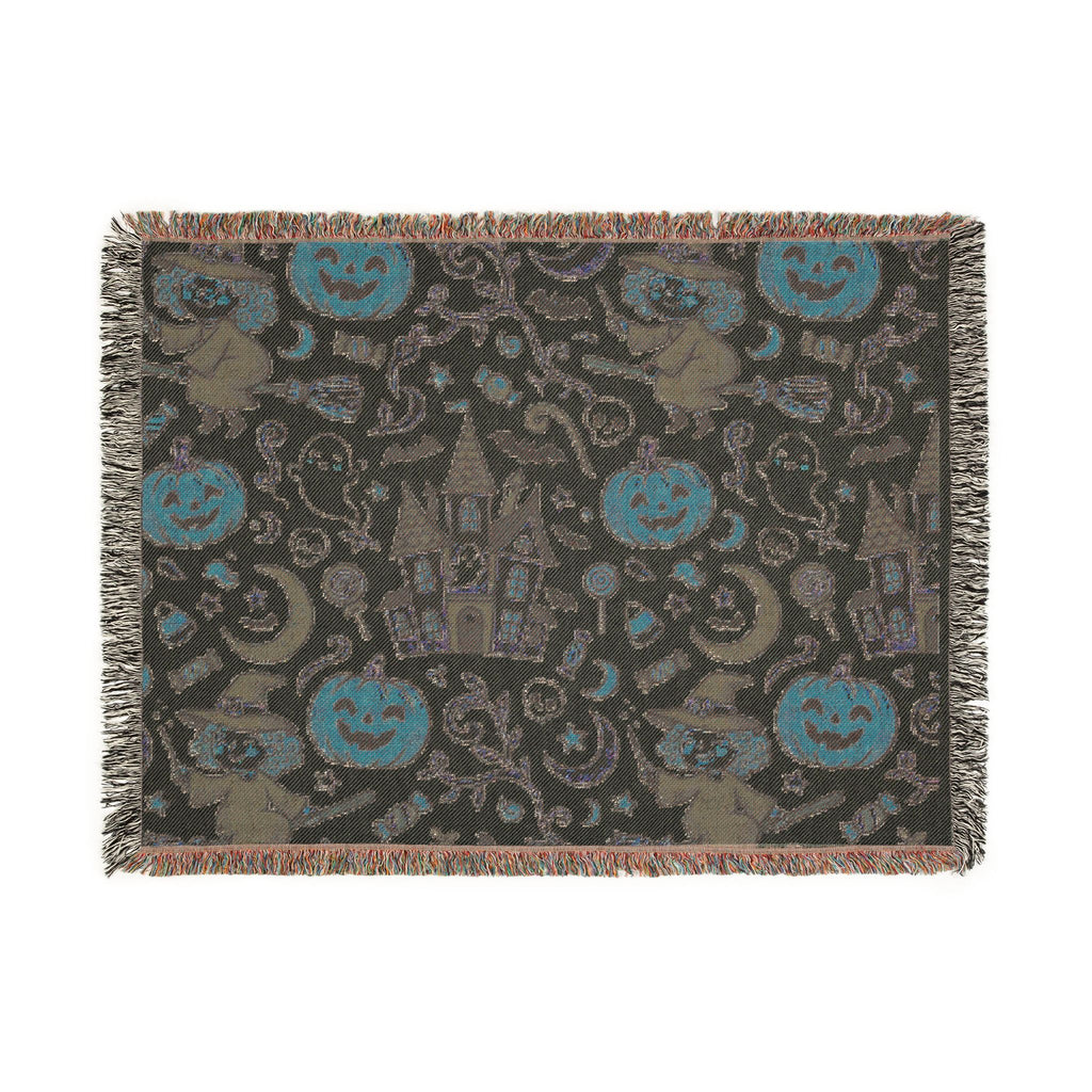 Halloween Woven Throw Blanket — Haunted Castle, Jack-o'-Lantern & Witch Pattern