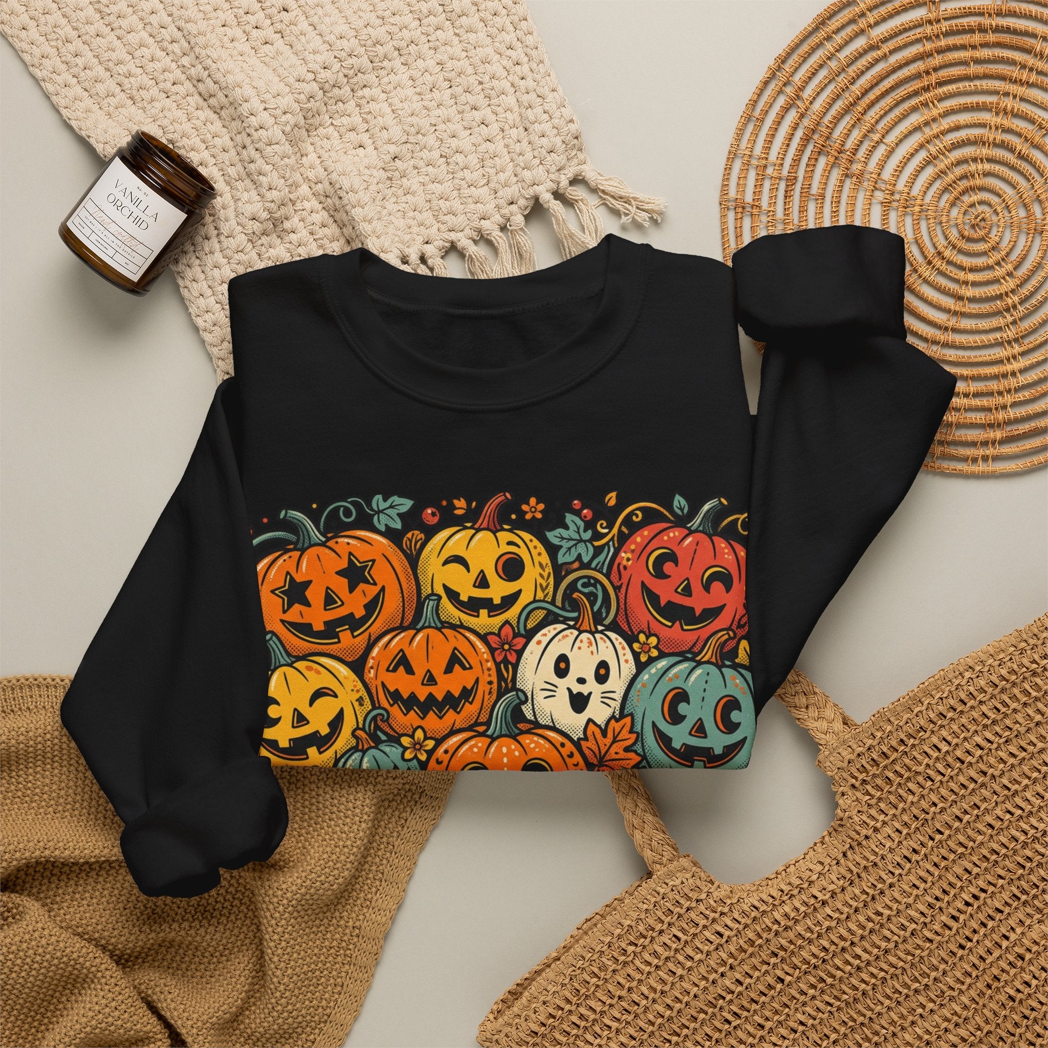 Halloween Pumpkins Crewneck Sweatshirt — Vintage Jack-o'-Lantern Spooky Design