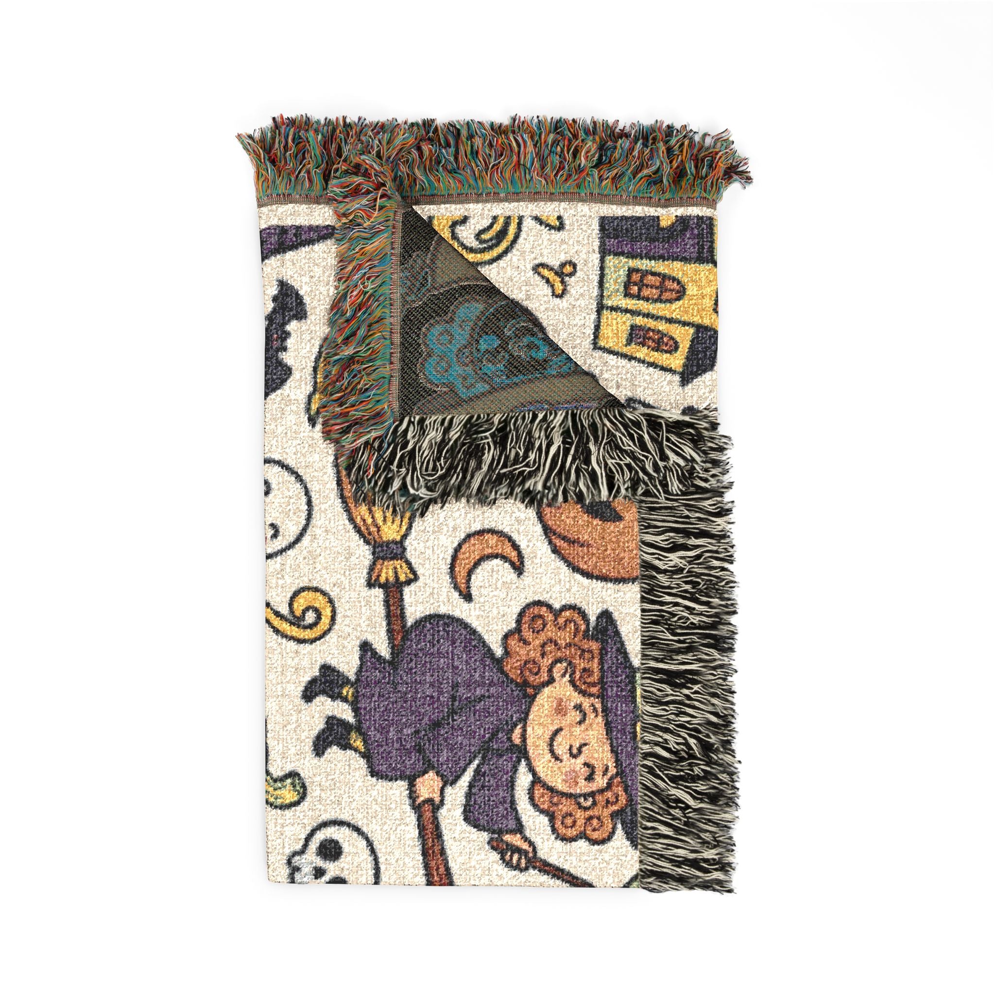Halloween Woven Throw Blanket — Haunted Castle, Jack-o'-Lantern & Witch Pattern