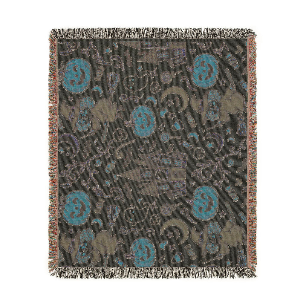 Halloween Woven Throw Blanket — Haunted Castle, Jack-o'-Lantern & Witch Pattern