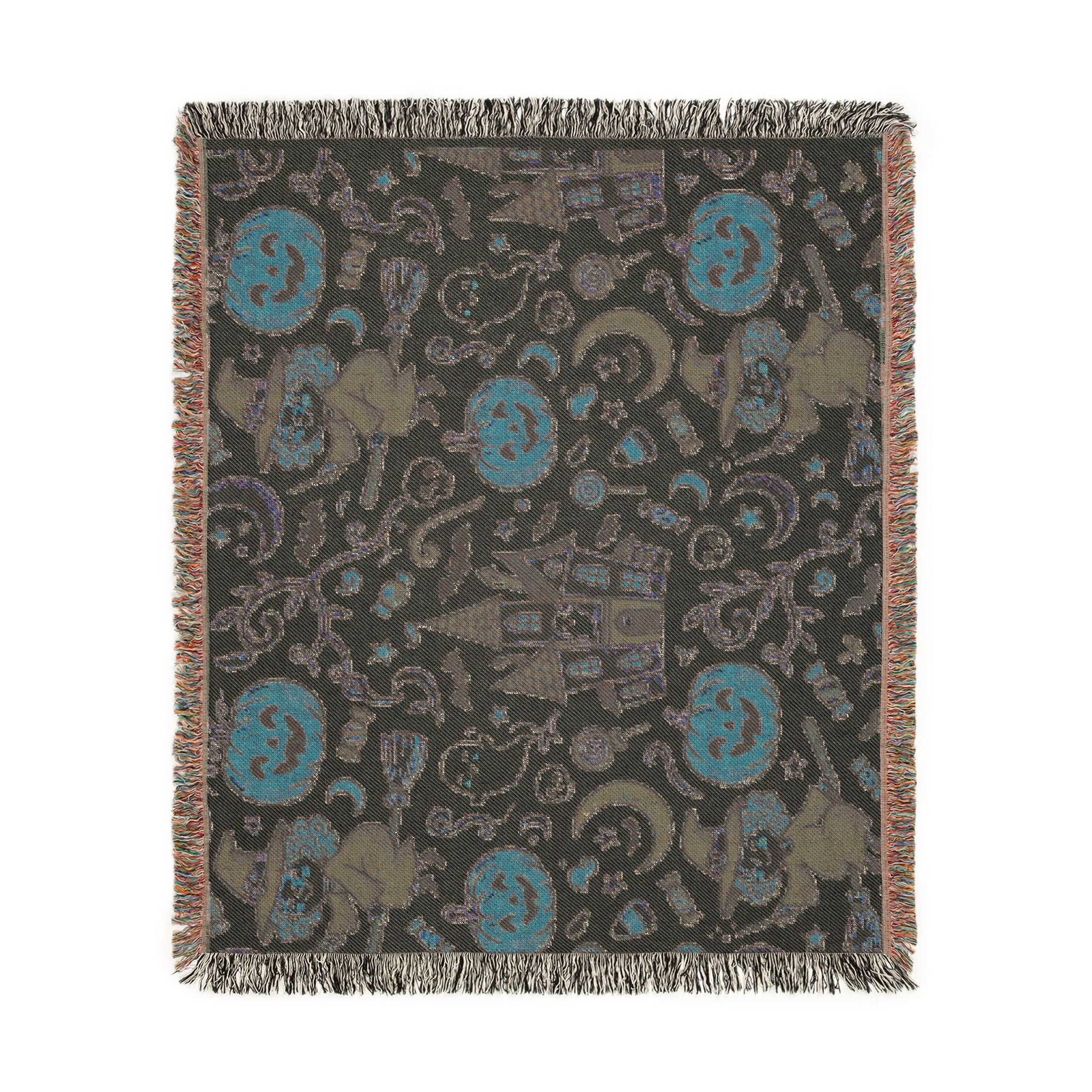 Halloween Woven Throw Blanket — Haunted Castle, Jack-o'-Lantern & Witch Pattern