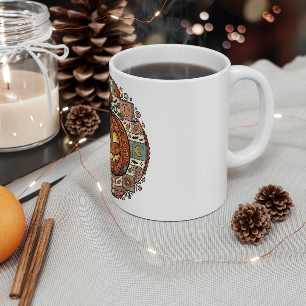 Halloween Pumpkin Mandala Mug — Jack-O’-Lantern Ceramic Coffee Cup (11 oz)