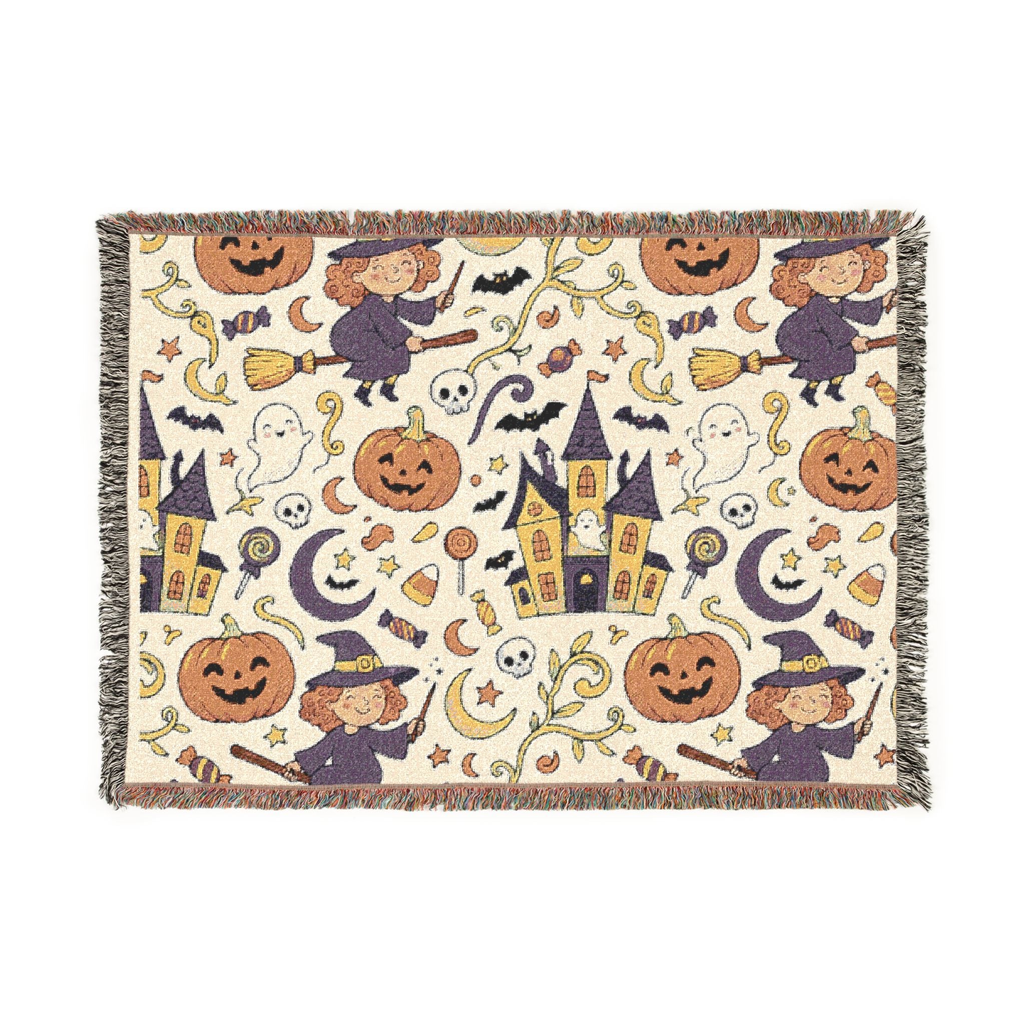 Halloween Woven Throw Blanket — Haunted Castle, Jack-o'-Lantern & Witch Pattern