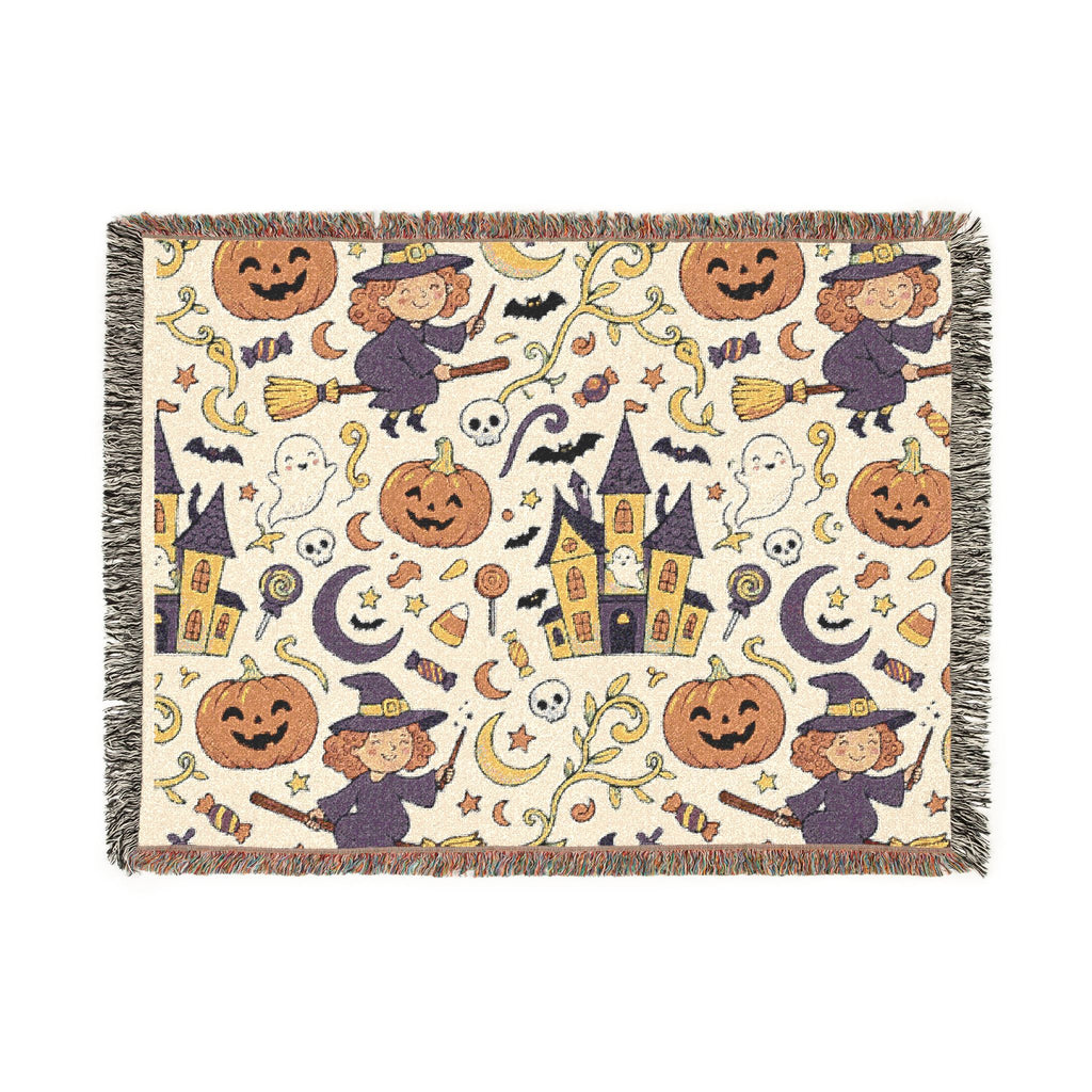 Halloween Woven Throw Blanket — Haunted Castle, Jack-o'-Lantern & Witch Pattern