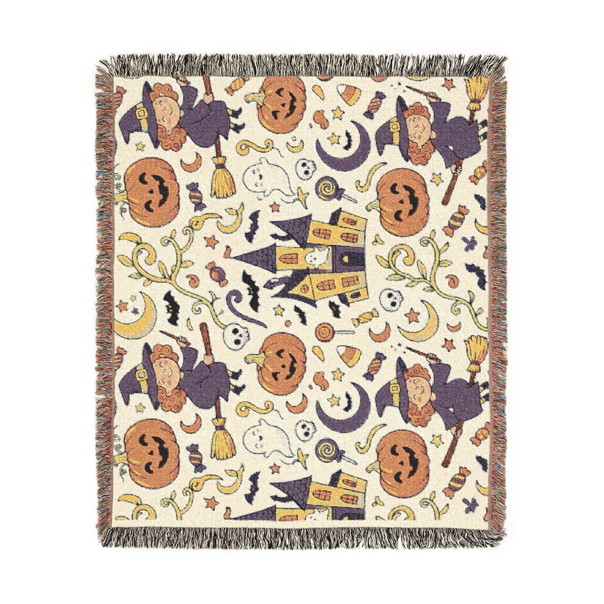 Halloween Woven Throw Blanket — Haunted Castle, Jack-o'-Lantern & Witch Pattern