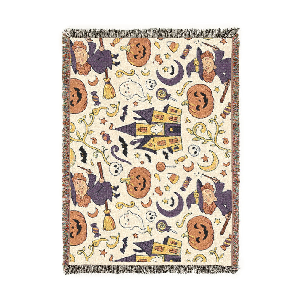 Halloween Woven Throw Blanket — Haunted Castle, Jack-o'-Lantern & Witch Pattern