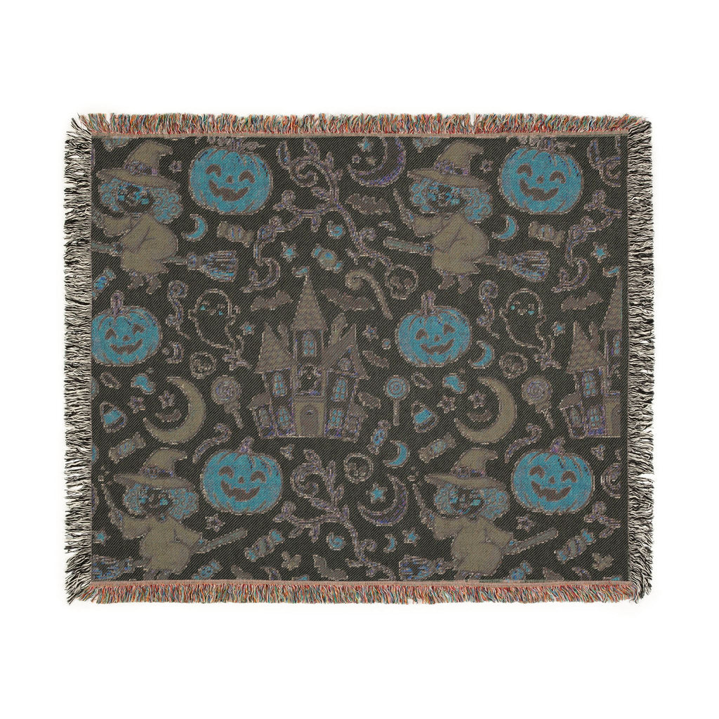 Halloween Woven Throw Blanket — Haunted Castle, Jack-o'-Lantern & Witch Pattern