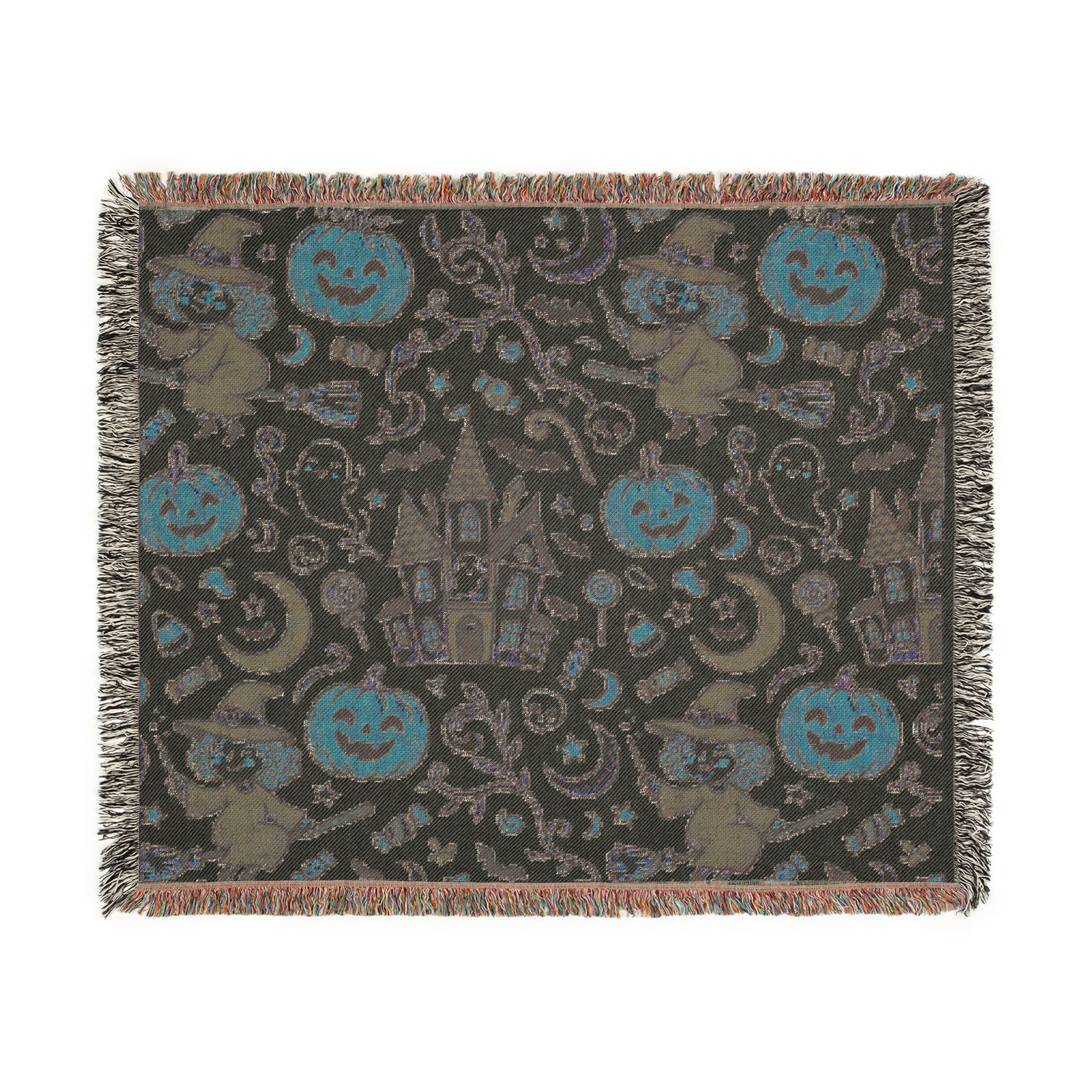 Halloween Woven Throw Blanket — Haunted Castle, Jack-o'-Lantern & Witch Pattern