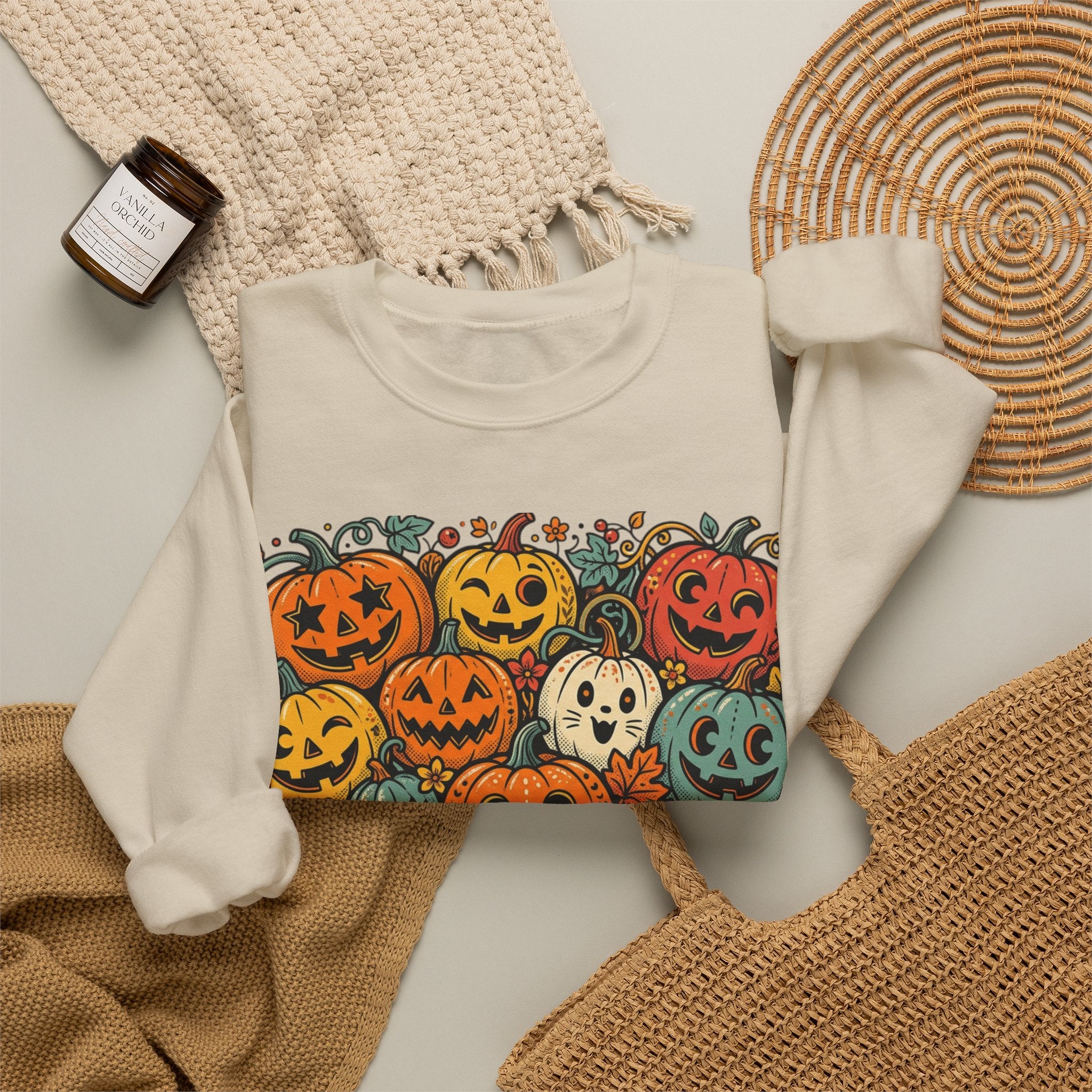 Halloween Pumpkins Crewneck Sweatshirt — Vintage Jack-o'-Lantern Spooky Design